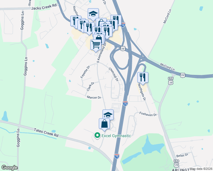 map of restaurants, bars, coffee shops, grocery stores, and more near 275 South Keeneland Drive in Richmond