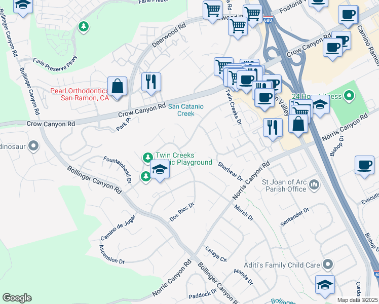 map of restaurants, bars, coffee shops, grocery stores, and more near 44 Dos Rios Court in San Ramon