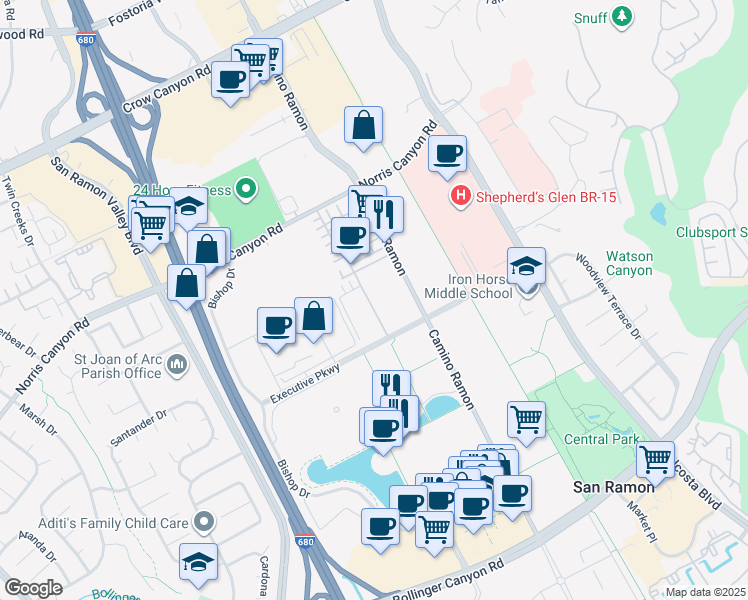 map of restaurants, bars, coffee shops, grocery stores, and more near 522 Lapis Court in San Ramon