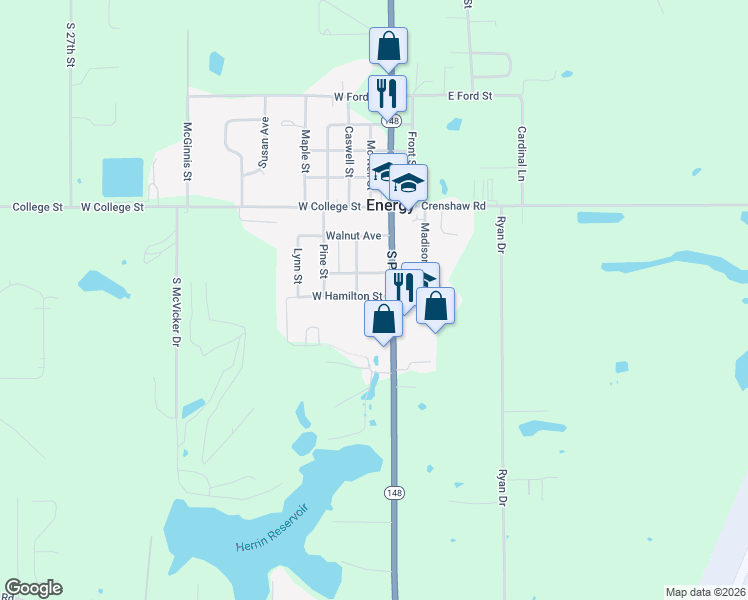 map of restaurants, bars, coffee shops, grocery stores, and more near 102 West Hamilton Street in Energy