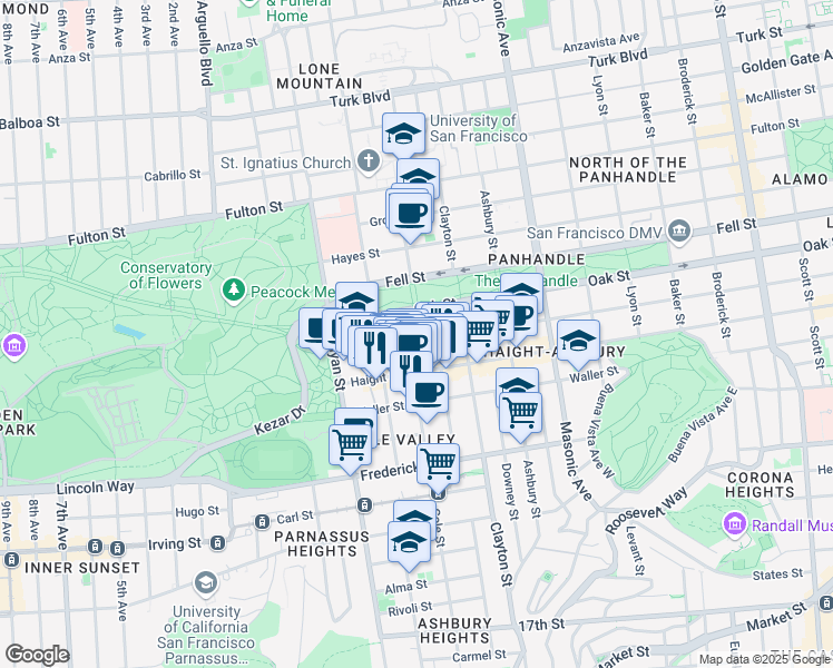 map of restaurants, bars, coffee shops, grocery stores, and more near 455 Cole Street in San Francisco