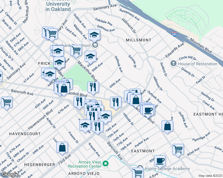 map of restaurants, bars, coffee shops, grocery stores, and more near 6908 MacArthur Boulevard in Oakland