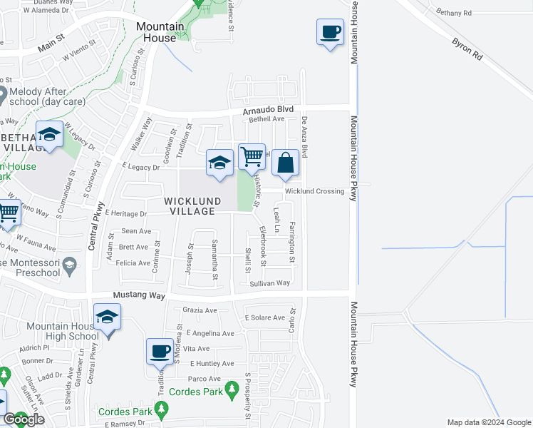 map of restaurants, bars, coffee shops, grocery stores, and more near 510 Kline Court in Tracy