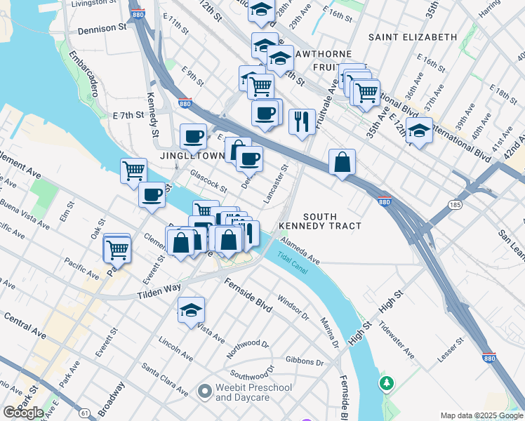 map of restaurants, bars, coffee shops, grocery stores, and more near 398 Lancaster Street in Oakland