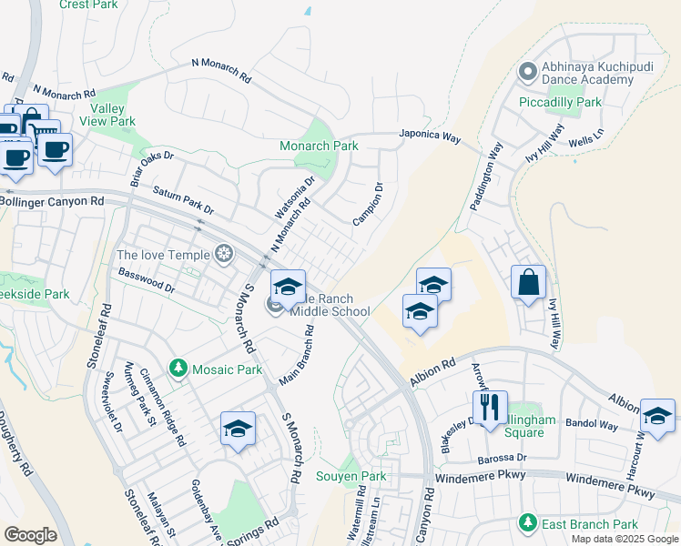 map of restaurants, bars, coffee shops, grocery stores, and more near 2441 Maidenhair Way in San Ramon