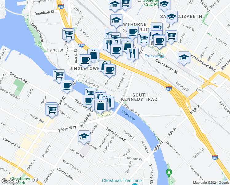 map of restaurants, bars, coffee shops, grocery stores, and more near Glascock St & Lancaster St in Oakland