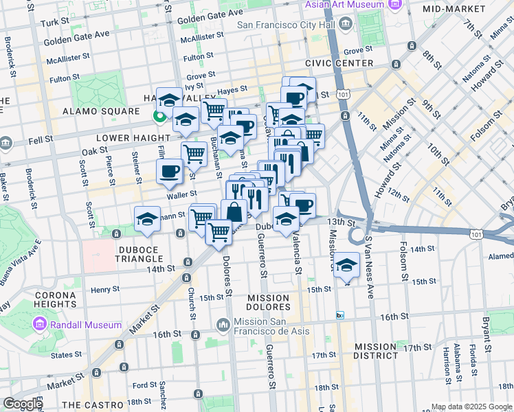 map of restaurants, bars, coffee shops, grocery stores, and more near Market St & Laguna St in San Francisco