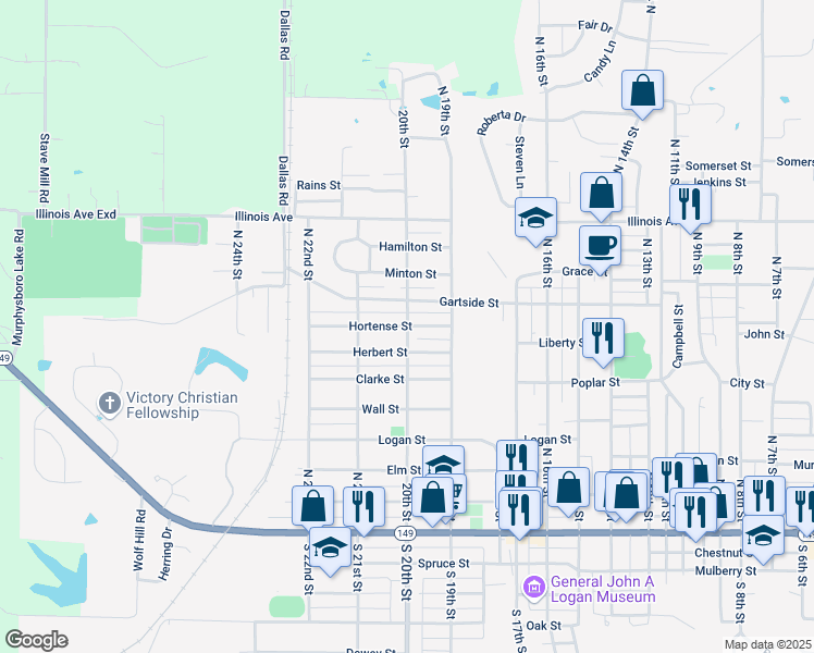 map of restaurants, bars, coffee shops, grocery stores, and more near 2001 Hortense Street in Murphysboro
