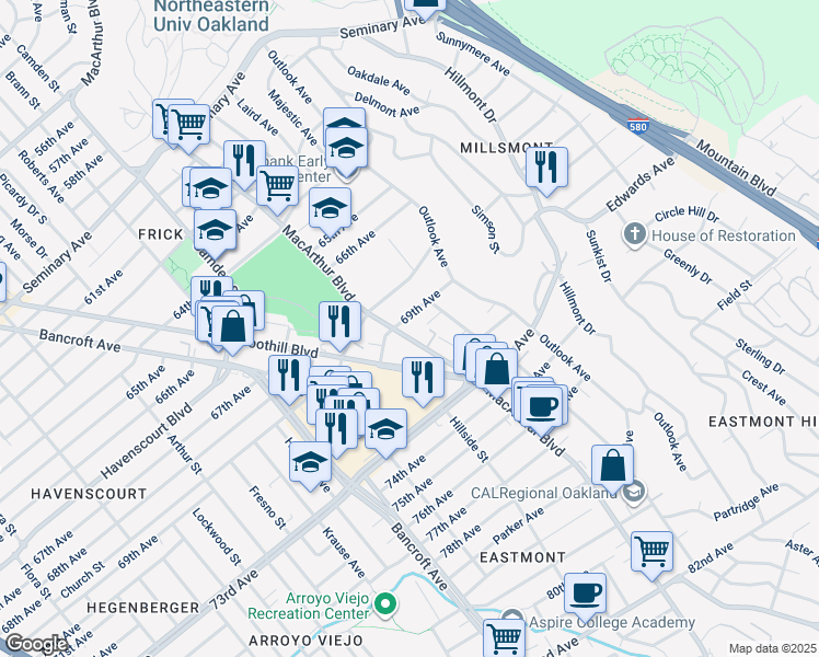 map of restaurants, bars, coffee shops, grocery stores, and more near 6908 MacArthur Boulevard in Oakland