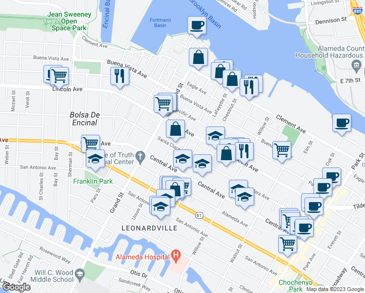 map of restaurants, bars, coffee shops, grocery stores, and more near 1815 Santa Clara Avenue in Alameda
