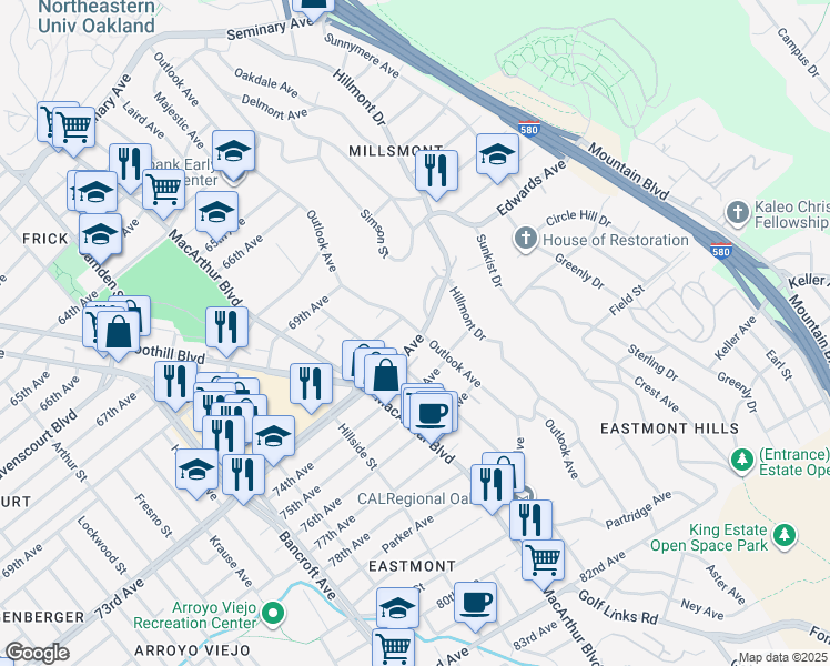 map of restaurants, bars, coffee shops, grocery stores, and more near 2957 73rd Avenue in Oakland