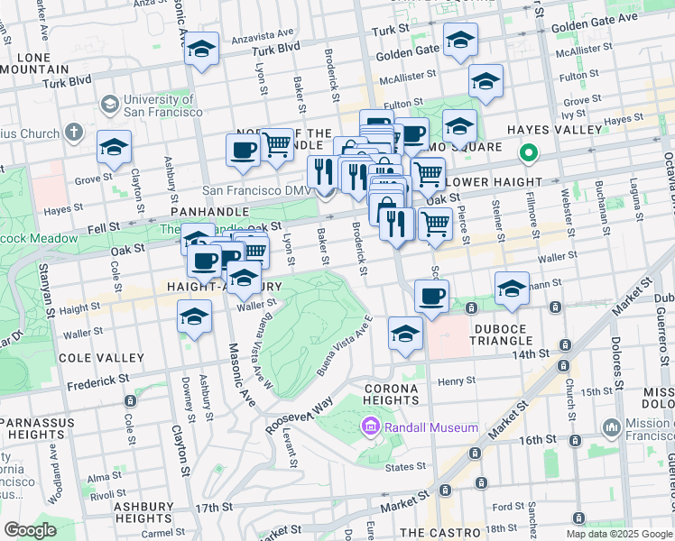 map of restaurants, bars, coffee shops, grocery stores, and more near 52 Baker Street in San Francisco