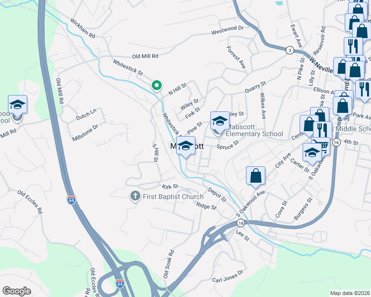 map of restaurants, bars, coffee shops, grocery stores, and more near in Mabscott