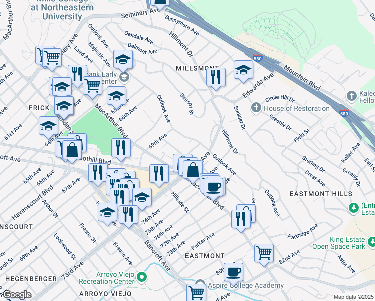 map of restaurants, bars, coffee shops, grocery stores, and more near 7015 Outlook Avenue in Oakland