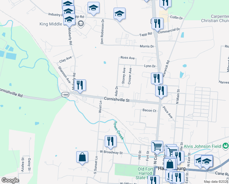 map of restaurants, bars, coffee shops, grocery stores, and more near 531 Cornishville Street in Harrodsburg