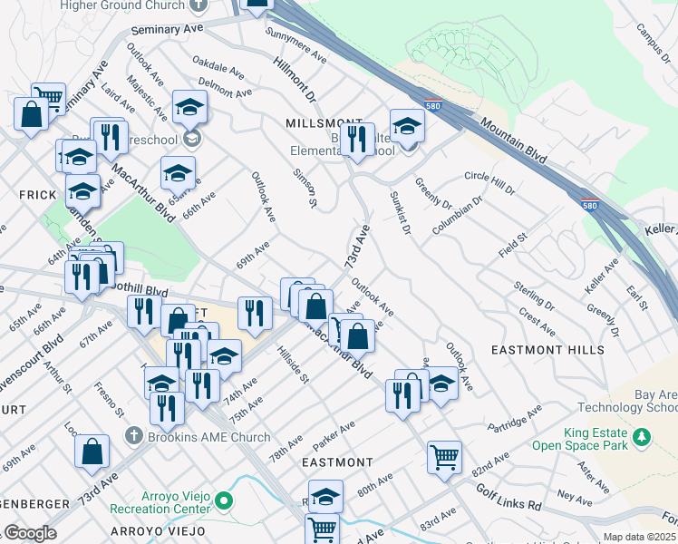 map of restaurants, bars, coffee shops, grocery stores, and more near 2957 73rd Avenue in Oakland
