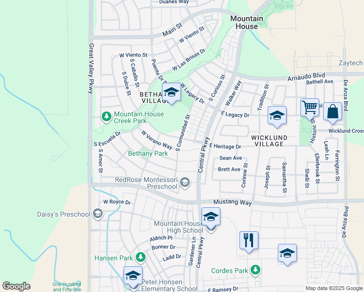 map of restaurants, bars, coffee shops, grocery stores, and more near 632 Comunidad Street in Mountain House