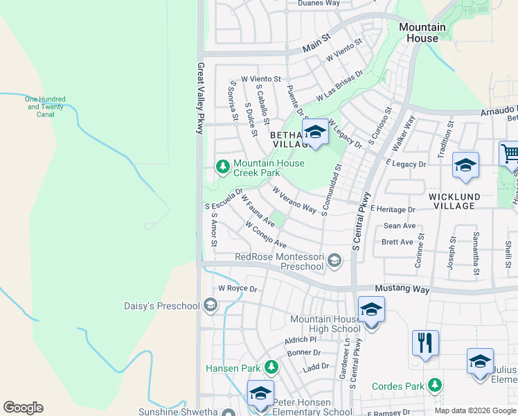 map of restaurants, bars, coffee shops, grocery stores, and more near 730 Escuela Drive in Mountain House