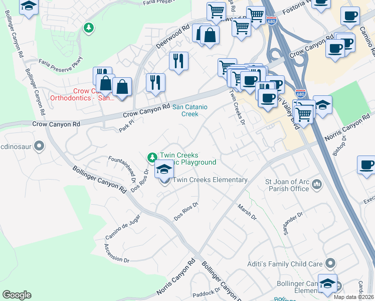 map of restaurants, bars, coffee shops, grocery stores, and more near 5 Del Oro Court in San Ramon