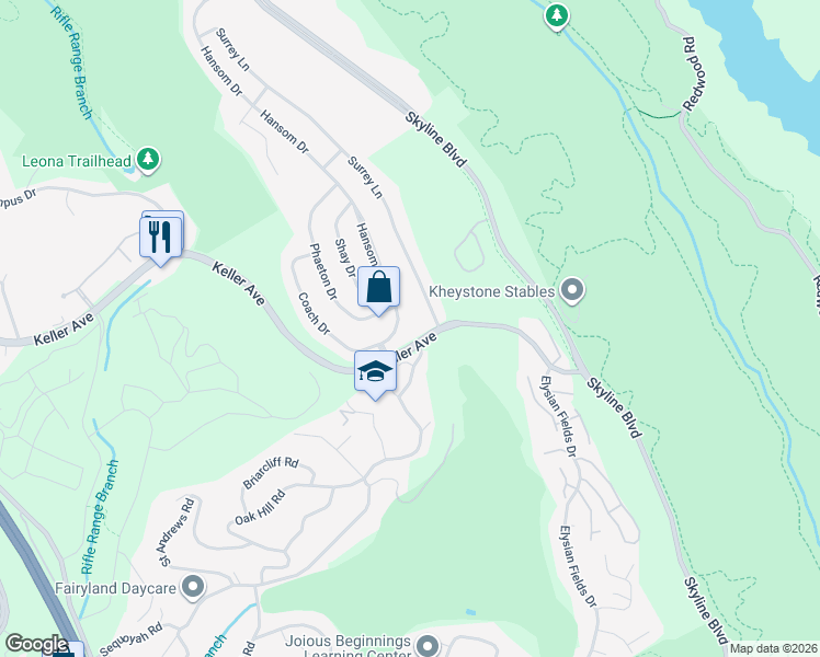 map of restaurants, bars, coffee shops, grocery stores, and more near 8180 Phaeton Drive in Oakland