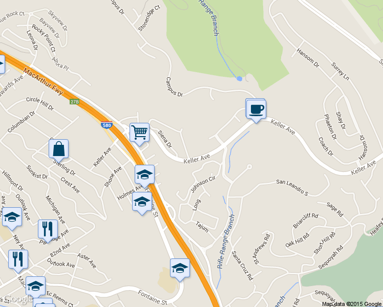 map of restaurants, bars, coffee shops, grocery stores, and more near 4329 Rilea Way in Oakland