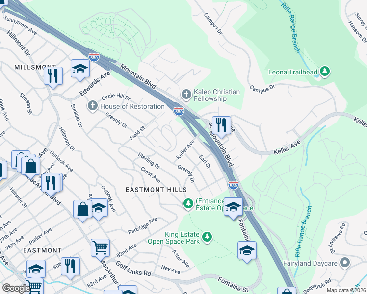 map of restaurants, bars, coffee shops, grocery stores, and more near 3825 Keller Avenue in Oakland