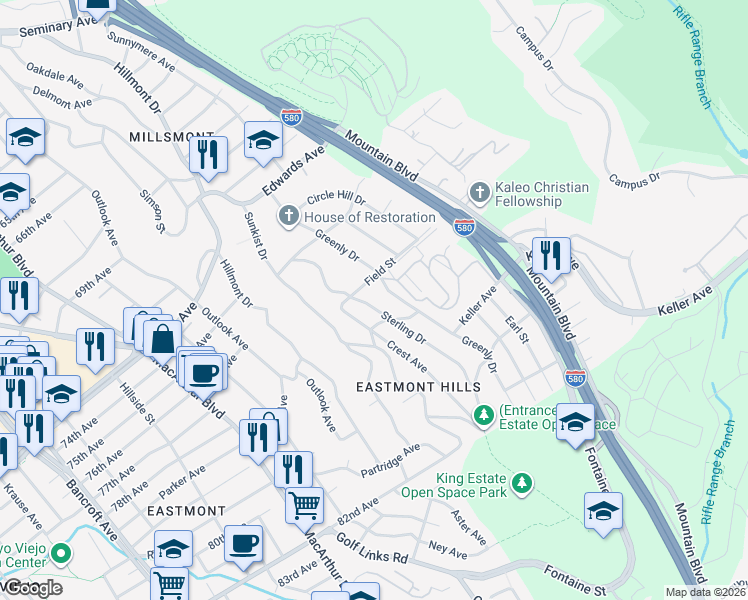 map of restaurants, bars, coffee shops, grocery stores, and more near 3625 Field Street in Oakland