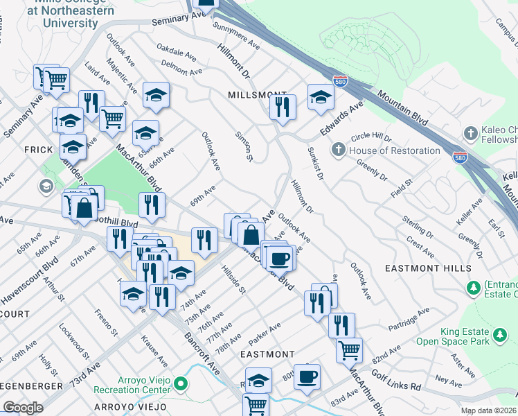 map of restaurants, bars, coffee shops, grocery stores, and more near 7130 Outlook Avenue in Oakland