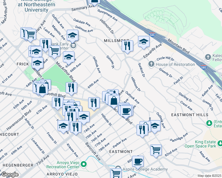 map of restaurants, bars, coffee shops, grocery stores, and more near 7015 Outlook Avenue in Oakland