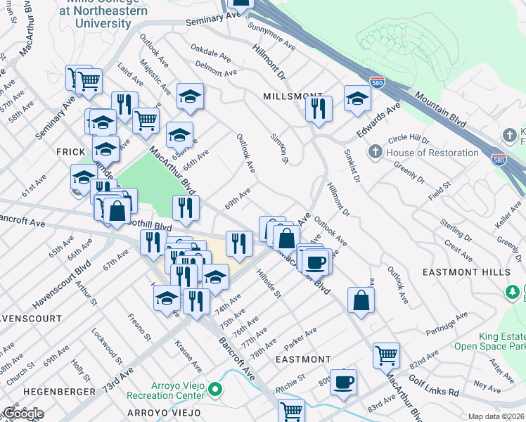 map of restaurants, bars, coffee shops, grocery stores, and more near 6912 Lacey Avenue in Oakland