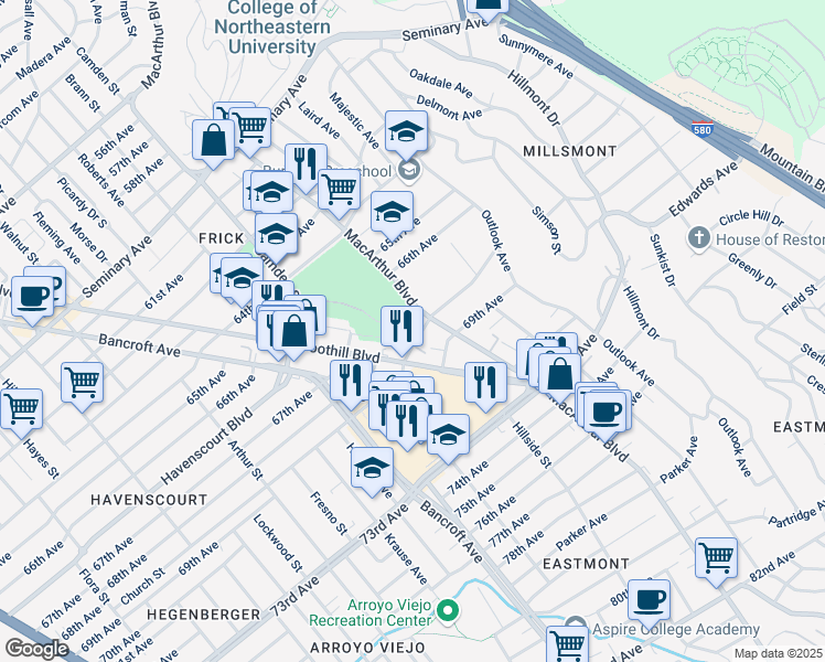map of restaurants, bars, coffee shops, grocery stores, and more near 6730 MacArthur Boulevard in Oakland