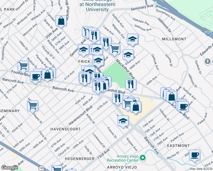 map of restaurants, bars, coffee shops, grocery stores, and more near 6450 Camden Street in Oakland