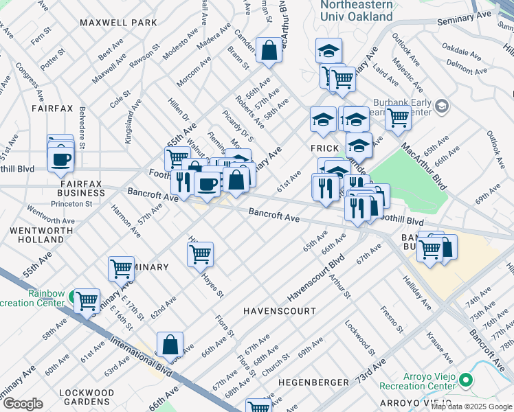 map of restaurants, bars, coffee shops, grocery stores, and more near 6006 Foothill Boulevard in Oakland