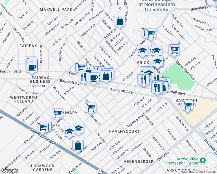 map of restaurants, bars, coffee shops, grocery stores, and more near 2607 Seminary Avenue in Oakland