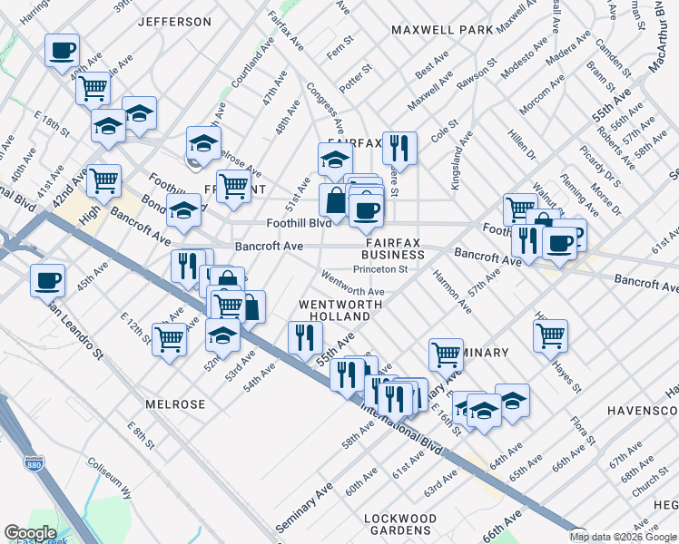 map of restaurants, bars, coffee shops, grocery stores, and more near 5347 Bancroft Avenue in Oakland