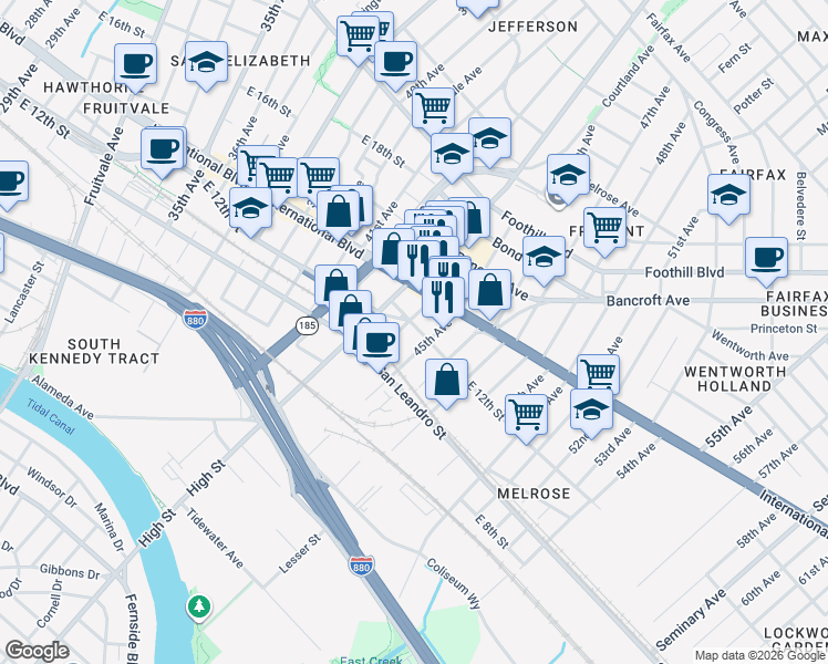 map of restaurants, bars, coffee shops, grocery stores, and more near 4401 International Boulevard in Oakland
