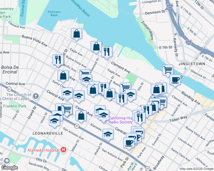 map of restaurants, bars, coffee shops, grocery stores, and more near 2065 Buena Vista Avenue in Alameda