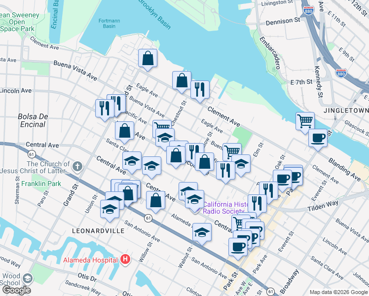 map of restaurants, bars, coffee shops, grocery stores, and more near 2040 Buena Vista Avenue in Alameda