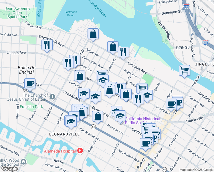 map of restaurants, bars, coffee shops, grocery stores, and more near 2008 Pacific Avenue in Alameda