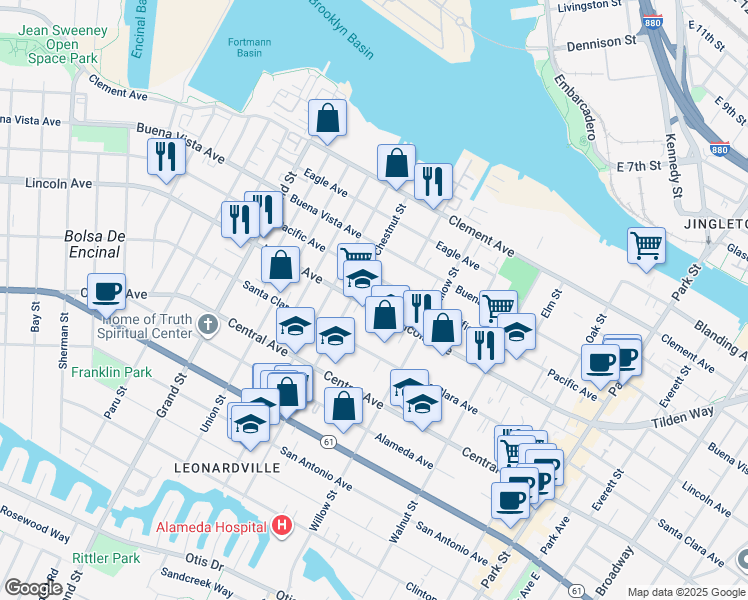 map of restaurants, bars, coffee shops, grocery stores, and more near 2008 Pacific Avenue in Alameda