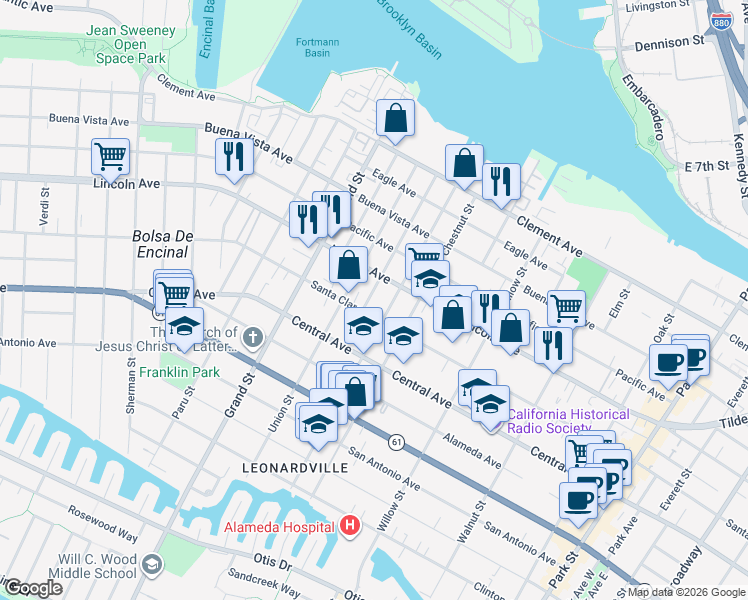 map of restaurants, bars, coffee shops, grocery stores, and more near 1537 Schiller Street in Alameda