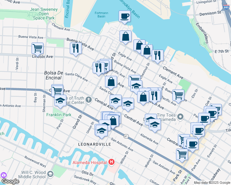 map of restaurants, bars, coffee shops, grocery stores, and more near 1537 Schiller Street in Alameda