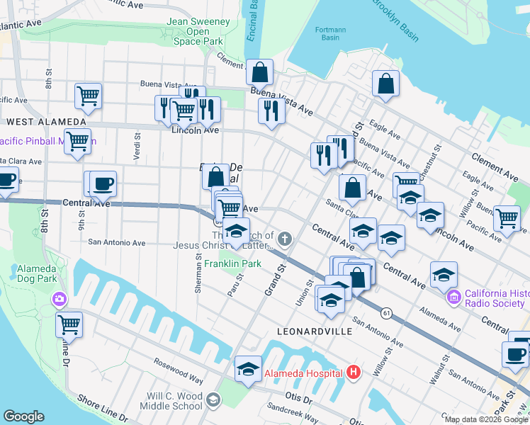 map of restaurants, bars, coffee shops, grocery stores, and more near 1418 Cottage Street in Alameda