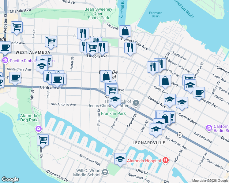 map of restaurants, bars, coffee shops, grocery stores, and more near in Alameda