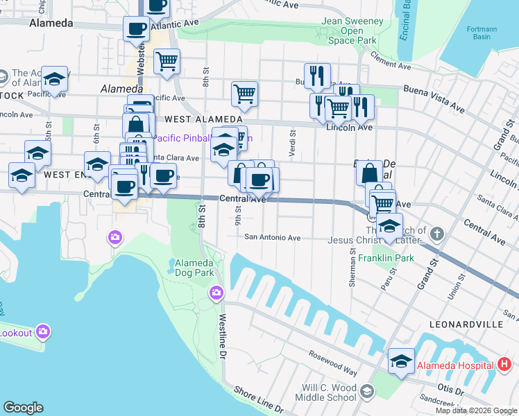 map of restaurants, bars, coffee shops, grocery stores, and more near 923 Central Avenue in Alameda