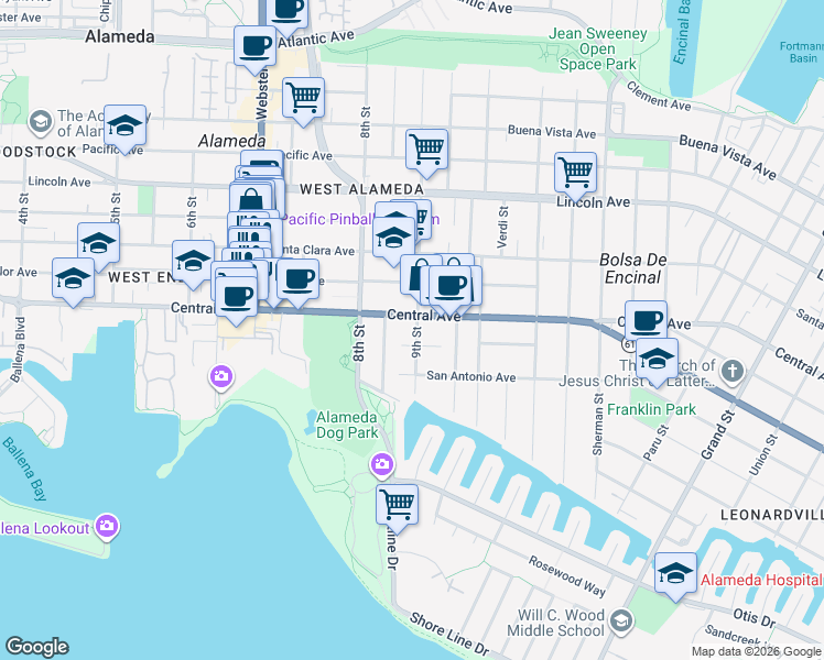 map of restaurants, bars, coffee shops, grocery stores, and more near 845 Central Avenue in Alameda