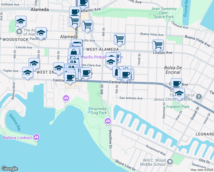 map of restaurants, bars, coffee shops, grocery stores, and more near 801 Central Avenue in Alameda