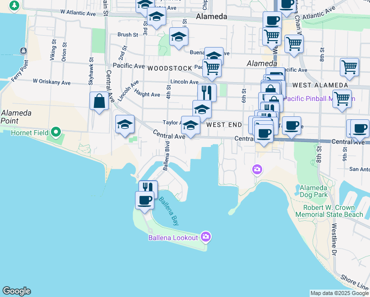 map of restaurants, bars, coffee shops, grocery stores, and more near 434 Central Avenue in Alameda