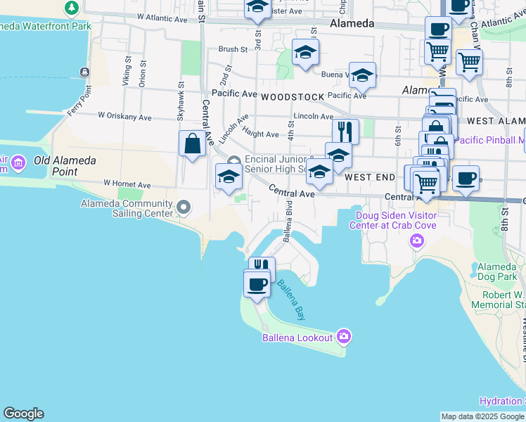 map of restaurants, bars, coffee shops, grocery stores, and more near 326 Central Avenue in Alameda