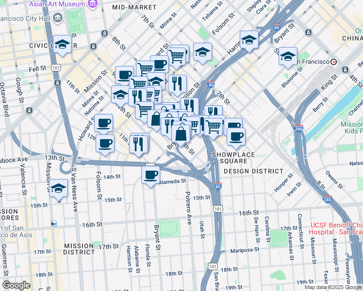 map of restaurants, bars, coffee shops, grocery stores, and more near 480 9th Street in San Francisco